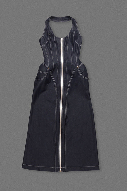 Haltered Corseted Midi Dress Denim in Navy Blue