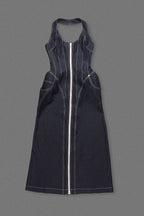 Haltered Corseted Midi Dress Denim in Navy Blue Avalabel
