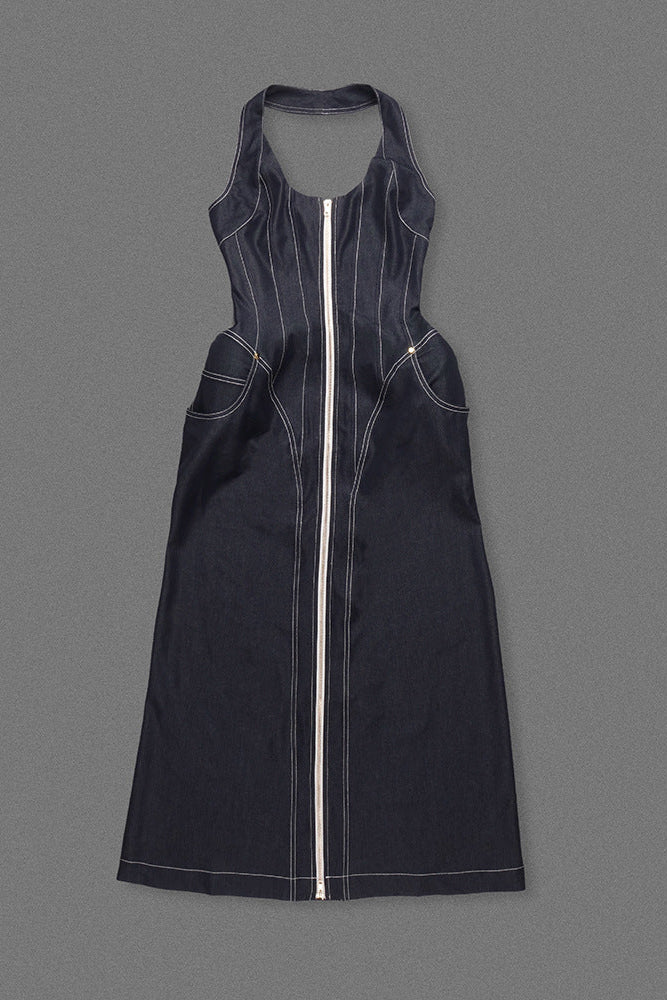Haltered Corseted Midi Dress Denim in Navy Blue Avalabel