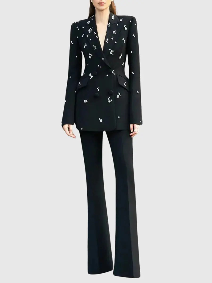 myra black Straight Flared Velvet Floor Length Pants rhinestone blazer set Avalabel