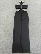 gwendolyn crystal halter cut out maxi dress in black Avalabel