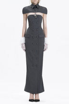 Double-Breasted Strapless Sleeveless Suit with Lapel - Grey Avalabel