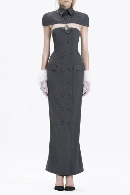 Double-Breasted Strapless Sleeveless Suit with Lapel - Grey