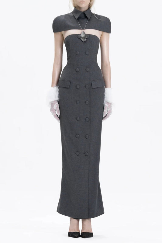 Double-Breasted Strapless Sleeveless Suit with Lapel - Grey