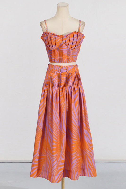 Pleated Floral-Print Linen Bustier Top Skirt Set in Blue Avalabel