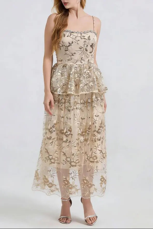 Ashley Gold Rhinestone Sequin Embroidery Layer Maxi Dress Avalabel