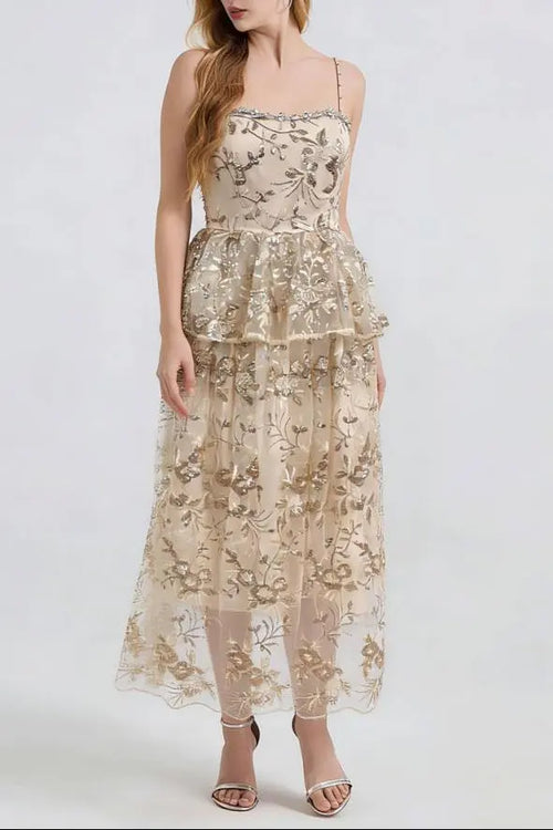 Ashley Gold Rhinestone Sequin Embroidery Layer Maxi Dress Avalabel