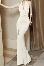 Carol Ruched Halter Bodycon Maxi Dress in White Avalabel