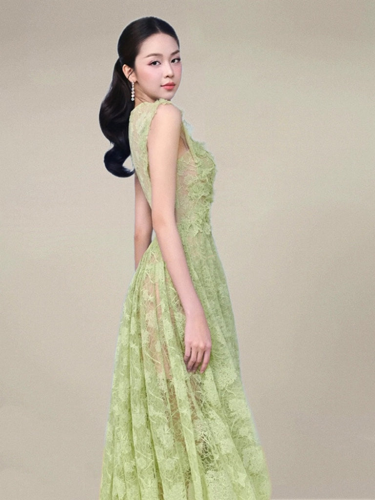 jennifer Lace Flower embellished maxi Dress in green Avalabel