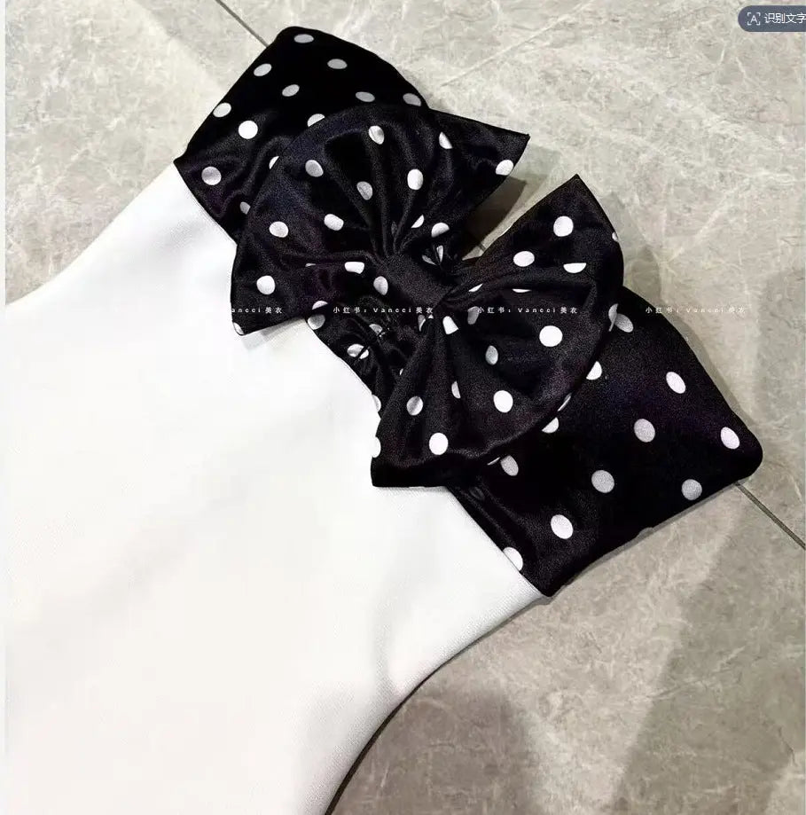 michaelia white Contour Sleeveless Polka Dot Contrast bow Bandage Mini Dress Avalabel