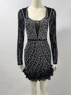jenny Black Crystal Embellished Flutter Trim Mini Dress Avalabel