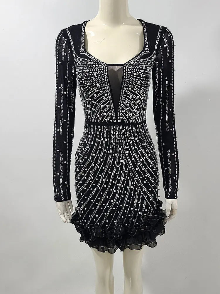 jenny Black Crystal Embellished Flutter Trim Mini Dress Avalabel