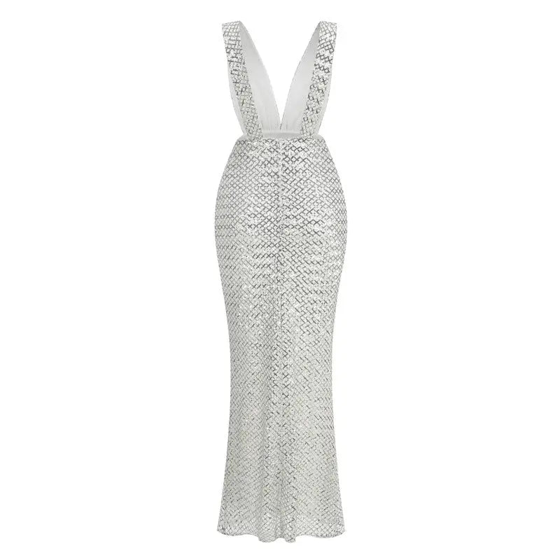 rebecca bow sequin embellished v neck maxi dress in silver Avalabel