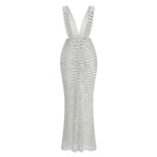 rebecca bow sequin embellished v neck maxi dress in silver Avalabel