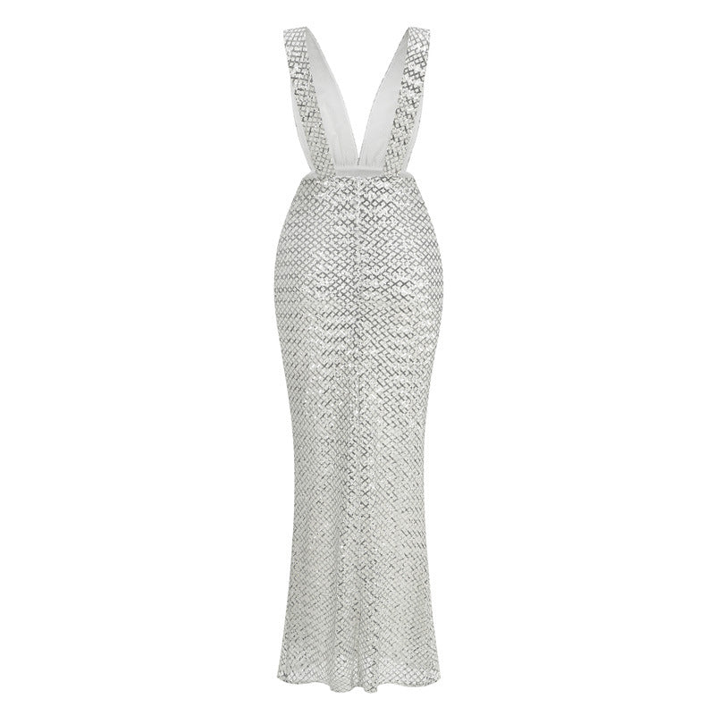 rebecca bow sequin embellished v neck maxi dress in silver
