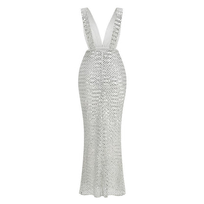 rebecca bow sequin embellished v neck maxi dress in silver