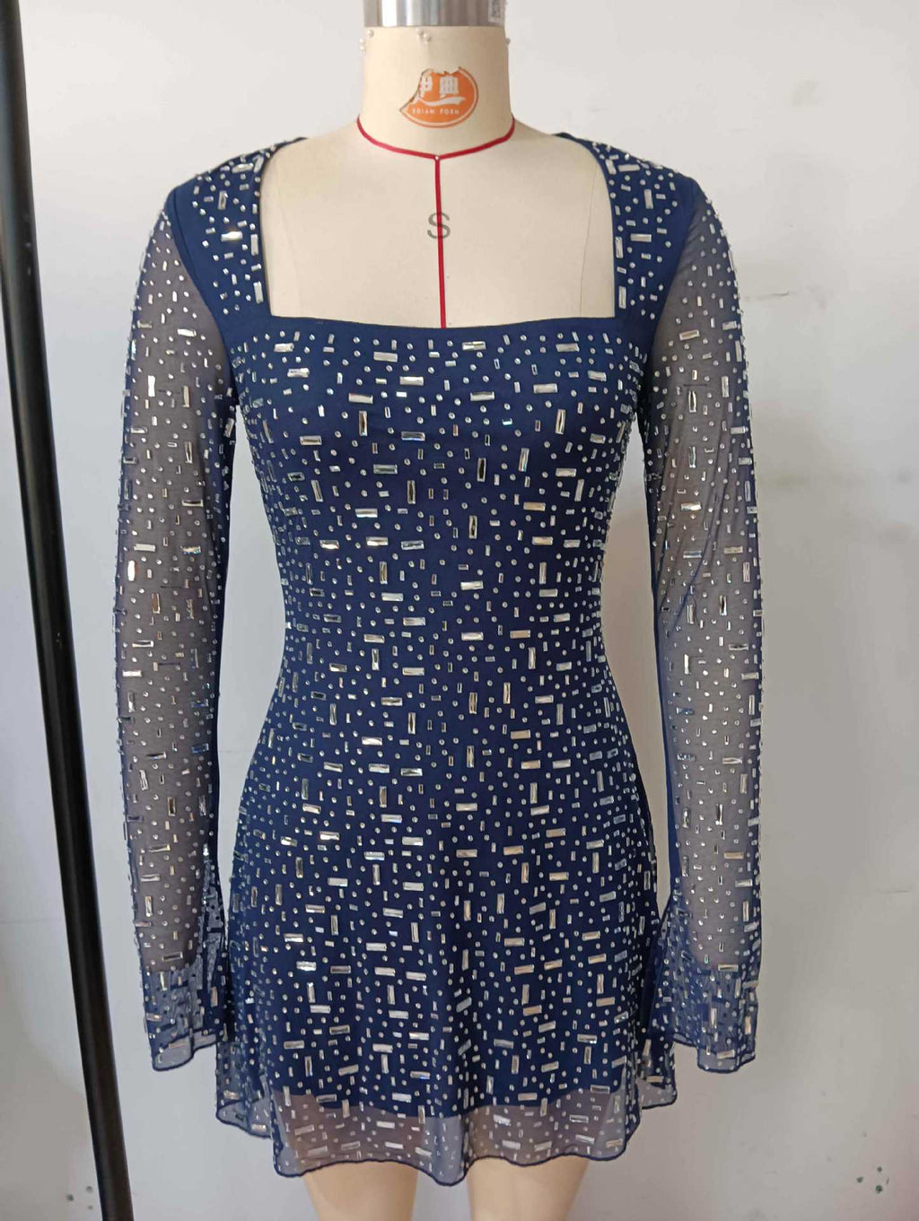 amanda navy Long Sleeve Rhinestone Mesh Mini Dress Avalabel