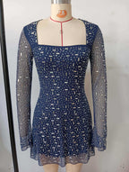 amanda navy Long Sleeve Rhinestone Mesh Mini Dress Avalabel