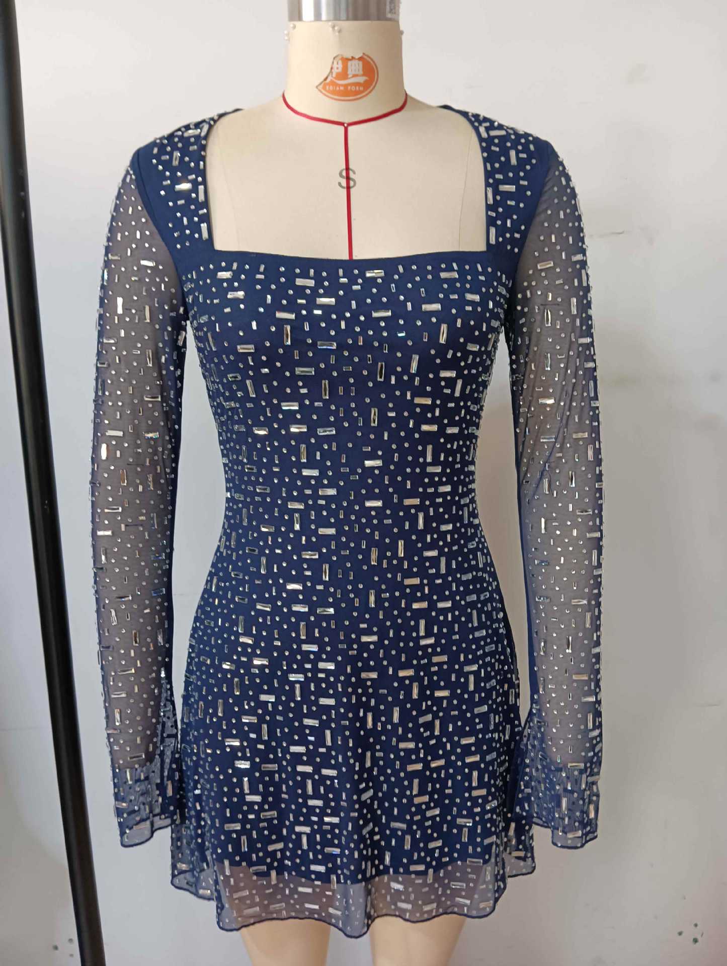 amanda navy Long Sleeve Rhinestone Mesh Mini Dress Avalabel