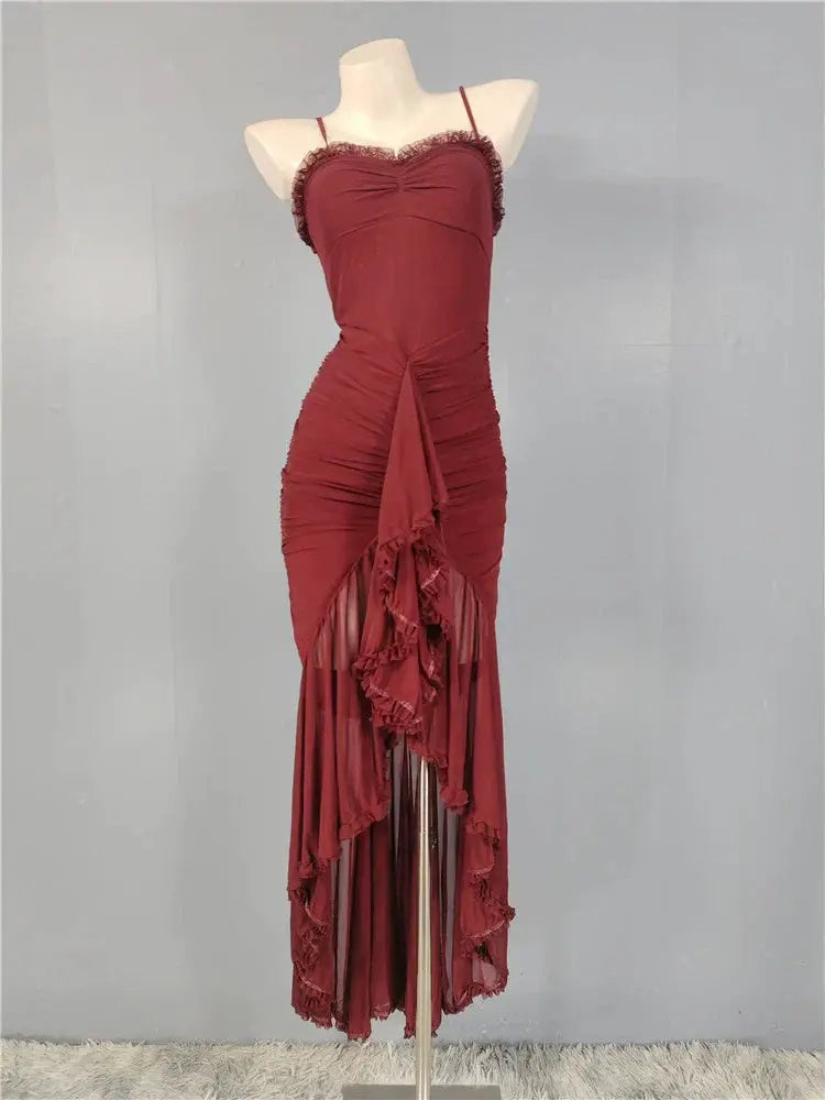 Burgundy mesh ruffle waist maxi dress Avalabel