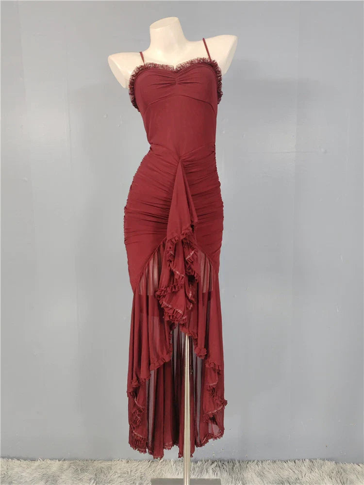 Burgundy mesh ruffle waist maxi dress