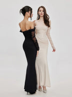 Ariel Apricot Mesh Off-Shoulder Mermaid Maxi Dress Avalabel
