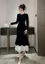 zona black Beaded irregular hem velvet fishtail maxi dress Avalabel