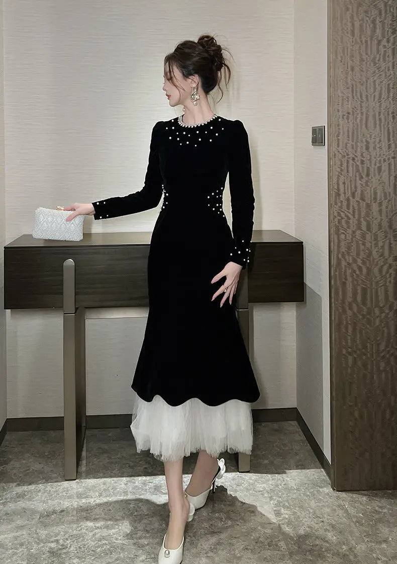 zona black Beaded irregular hem velvet fishtail maxi dress Avalabel