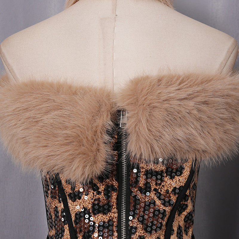 suzanne Leopard Fur Sequin Skirt Set Avalabel