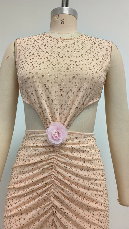 Vivien Flower Sequin Cutout Maxi Dress in Apricot