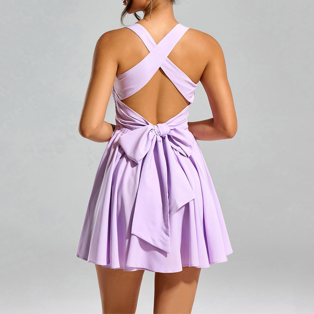 Ruffle Strap Smocked Back Bow Skater Mini Dress poava