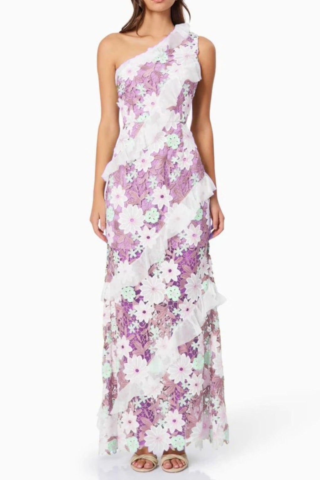 Floral One Shoulder Lace Maxi Dress in Purple Avalabel