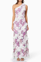 Floral One Shoulder Lace Maxi Dress in Purple Avalabel