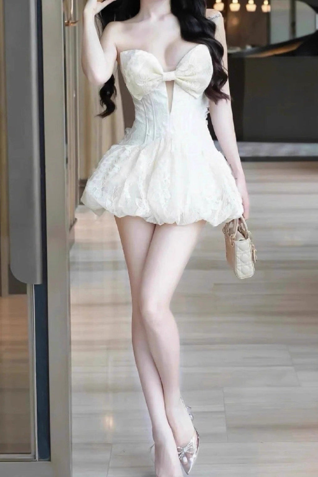 Emma Bowknot Hollow Tube Top Mini Dress in Beige Avalabel