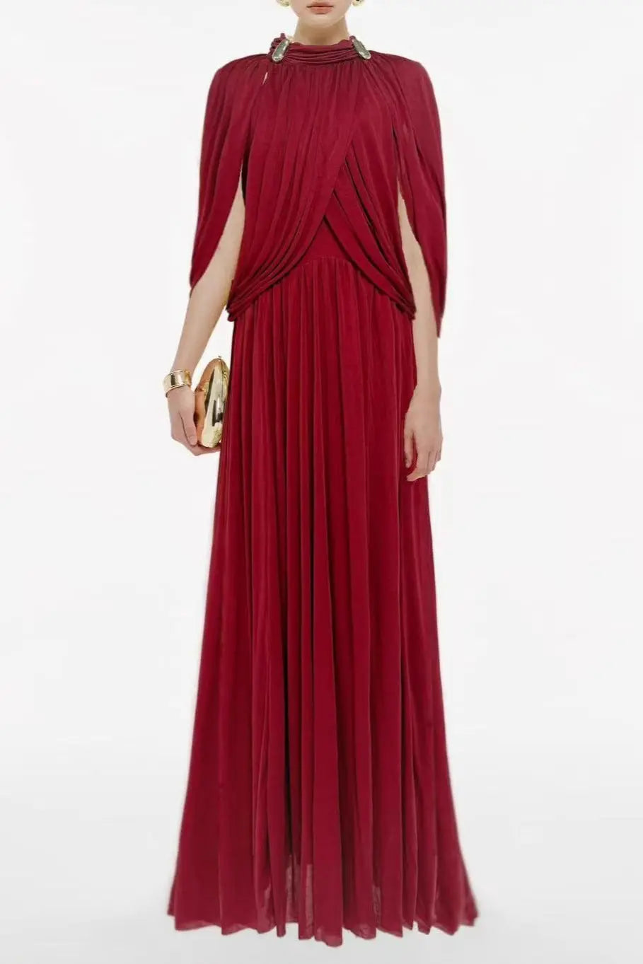 leona red Draped Cape Sleeve Knit Maxi Dress Avalabel