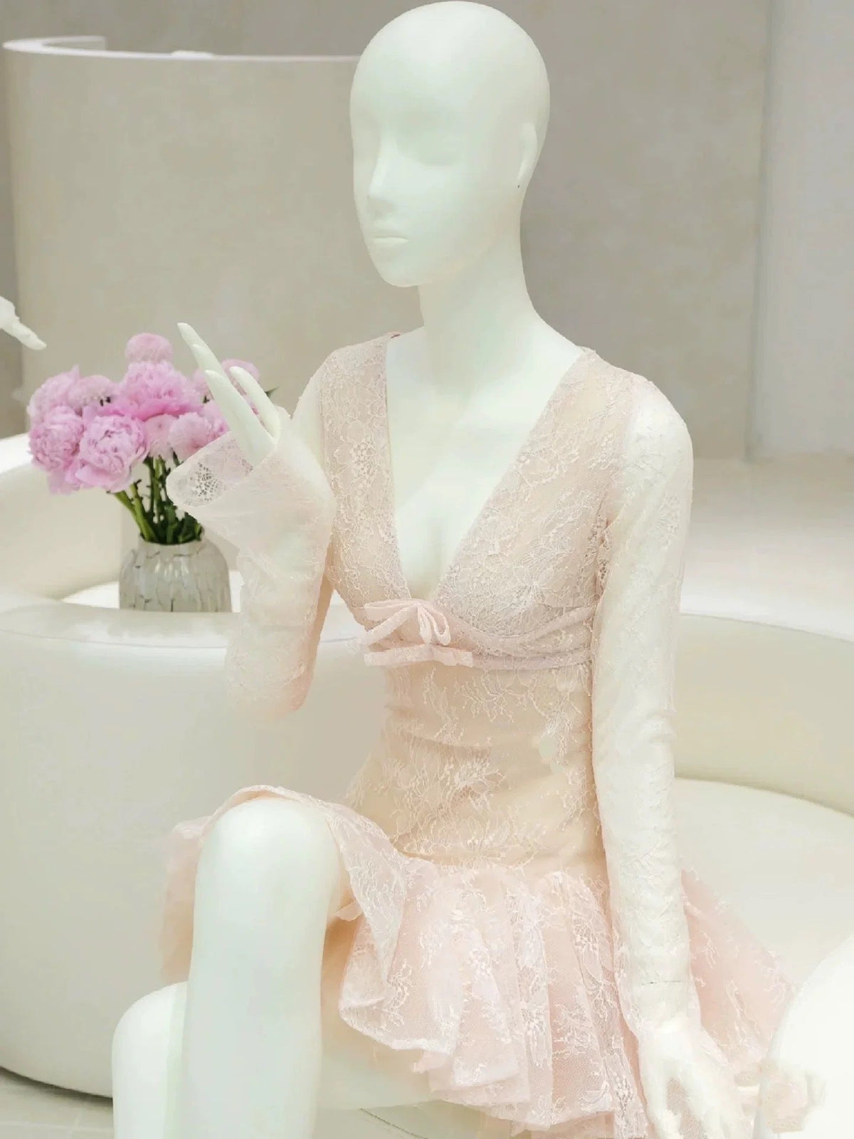 Eileen Long-Sleeve V-Neck Lace A-Line Mini Dress in Pink Avalabel