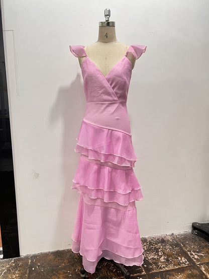 Lucy Chiffon Ruffle Layered Midi Dress in Pink