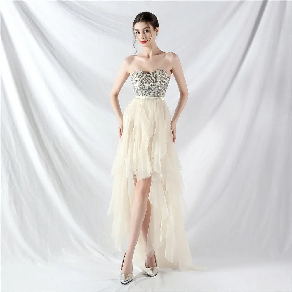 strapless sequin tulle midi dress Avalabel