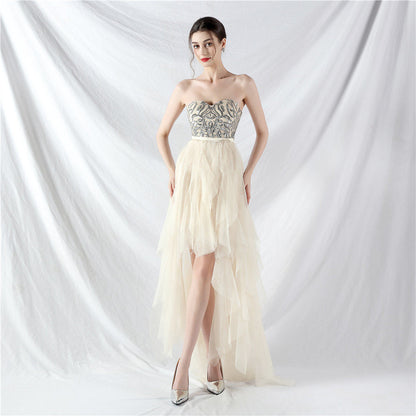 strapless sequin tulle midi dress