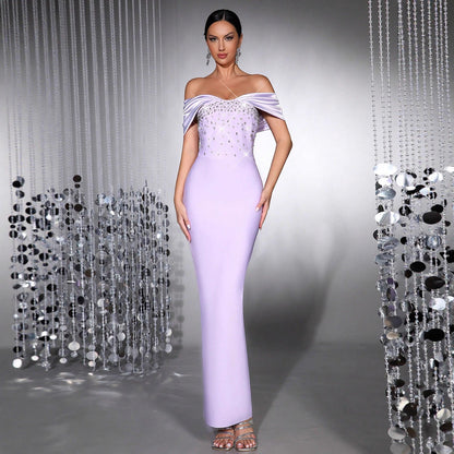 Belen Diamond off-Shoulder Bodycon Maxi Bandage Dress in Pale Purple