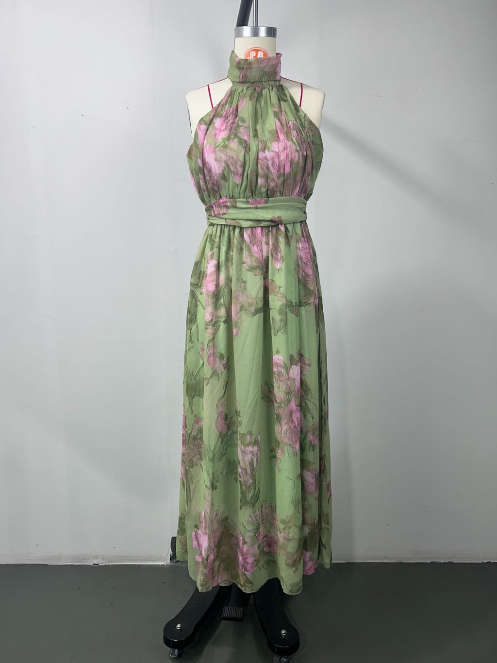 Polly Green Floral Chiffon Halter Maxi Dress Avalabel