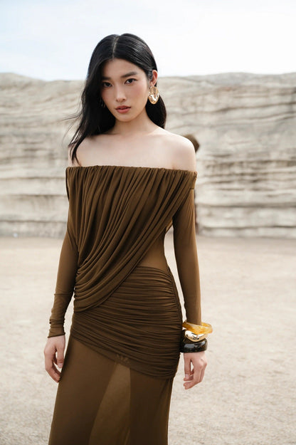Cara Off-Shoulder Long Sleeve Pleated Mesh Maxi Dress in Brown Avalabel