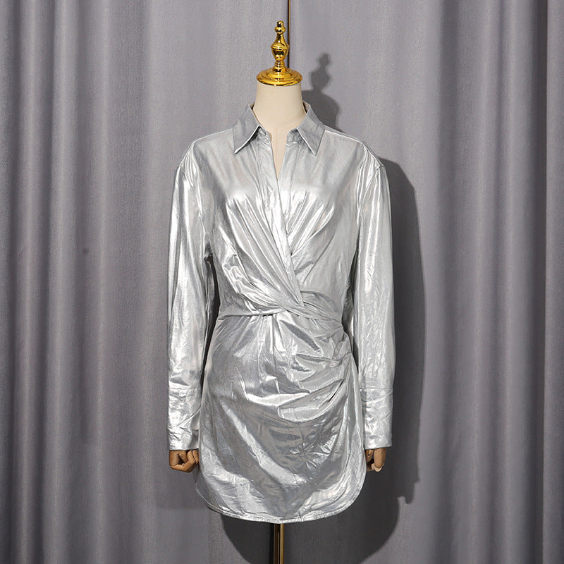 maud Metallic pleated shirt mini Dress in silver Avalabel