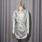 maud Metallic pleated shirt mini Dress in silver Avalabel