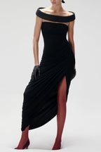 Lola Black Off-shoulder Asymmetrical-Draped High Slit Maxi Dress Avalabel