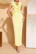 Cynthia 3D Flower V-Neck Sleeveless Bodycon Maxi Dress in Yellow Avalabel