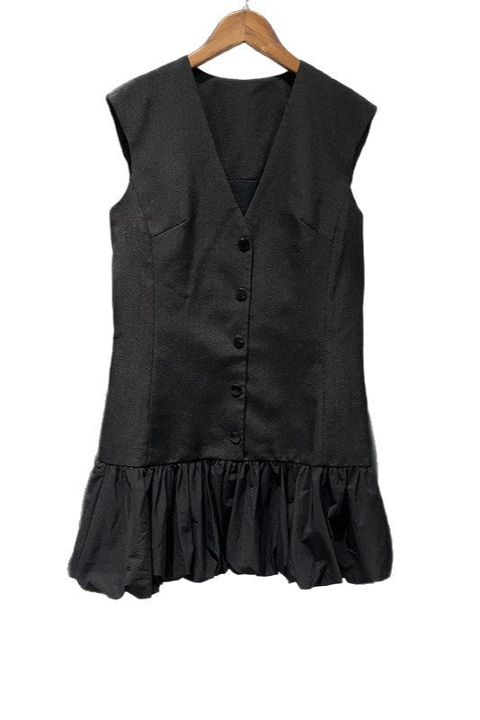 Button Front Bubble Hem mini Dress in Black Avalabel