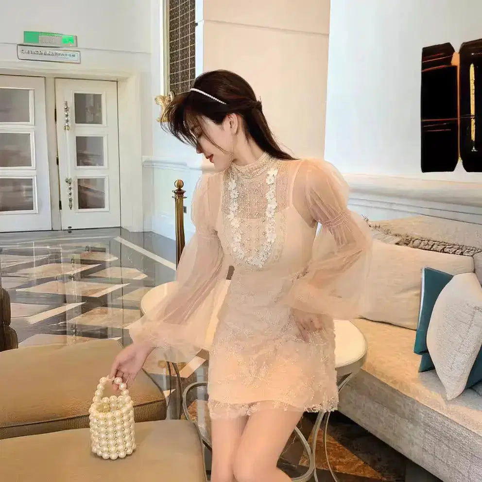 Jennifer Floral Bead Embroidery Tulle Mini Dress in Apricot Avalabel