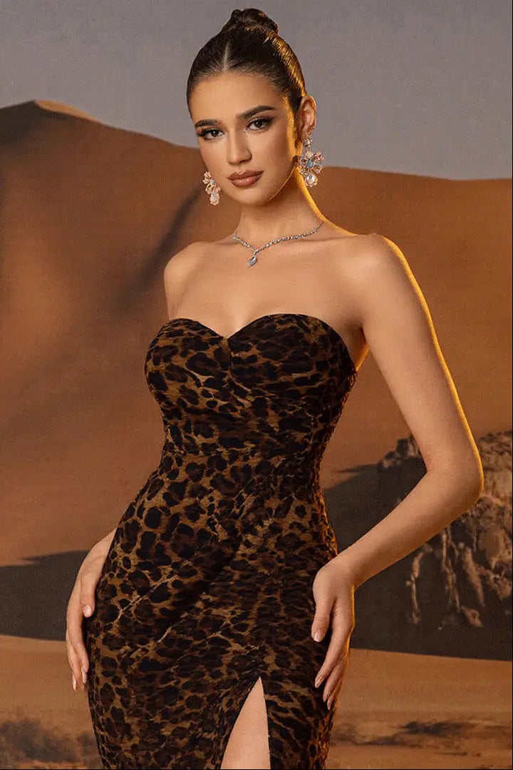 Audrey Leopard Print High Slit Tube Top Maxi Dress Avalabel
