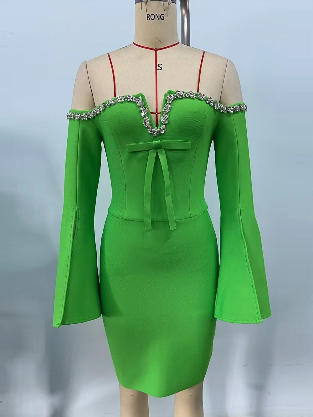 Cara Off-Shoulder Long-Sleeve Diamond Bodycon Mini Dress in Green Avalabel